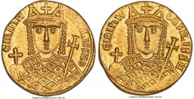 Irene, Sole Reign (AD 797-802). AV solidus (20mm, 4.45 gm, 6h). NGC MS 4/5 - 4/5 Constantinople. ЄIRIhH-bASILISSH Θ, bust of Irene facing, wearing lor...