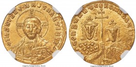 Constantine VII Porphyrogenitus and Romanus II (AD 945-963). AV solidus (19mm, 4.46 gm, 6h). NGC MS 5/5 - 4/5. Constantinople, AD 950-955. + IhS XPS R...