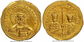 Basil II Bulgaroctonos (AD 976-1025) with Constantine VIII. AV histamenon nomisma (24mm, 4.41 gm, 6h). NGC Choice AU 5/5 - 3/5, brushed. Constantinopl...