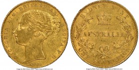 Victoria gold Sovereign 1855-SYDNEY AU58 NGC, Sydney mint, KM2. The first year of issue for this iconic Australian emission, the legends exhibiting or...
