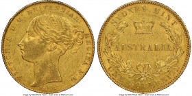 Victoria gold Sovereign 1855-SYDNEY AU55 NGC, Sydney mint, KM2. A popular first year of issue specimen, especially so in borderline Mint State levels ...