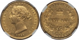 Victoria gold Sovereign 1858-SYDNEY AU58 NGC, Sydney mint, KM4. Nearly fully defined, and typically marked for an Australian sovereign, with attractiv...
