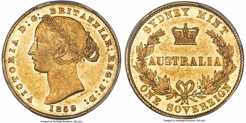 Victoria gold Sovereign 1859-SYDNEY AU58 PCGS, Sydney mint, KM4. A captivating, ...