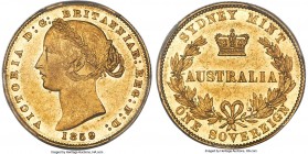 Victoria gold Sovereign 1859-SYDNEY AU58 PCGS, Sydney mint, KM4. A captivating, near-Mint State example with only the lightest degree of handling trac...