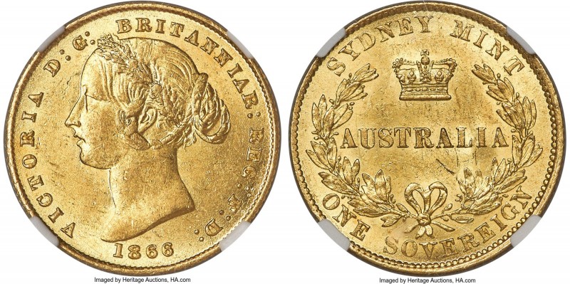 Victoria gold Sovereign 1866-SYDNEY MS62 NGC, Sydney mint, KM4. An elusive early...