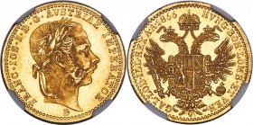 Franz Joseph I gold Ducat 1866-B MS63 NGC, Kremnitz mint, KM2265. A boisterous, aptly-graded Mint State representative, laden with ample watery luster...