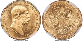 Franz Joseph I gold "60th Anniversary of Reign" 20 Corona 1908 MS63 NGC, KM2811, Fr-515. A Choice Mint State offering retaining generous mint brillian...