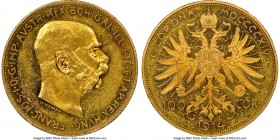 Franz Joseph I gold Prooflike 100 Corona 1914 Prooflike Details (Obverse Cleaned) NGC, KM2819. Honeyed amber patination permeates the current Prooflik...