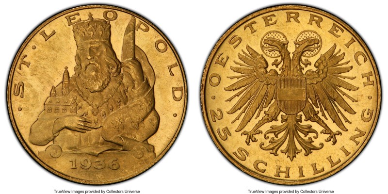 Republic gold Prooflike 25 Schilling 1936 PL66 PCGS, Vienna mint, KM2856, Fr-524...