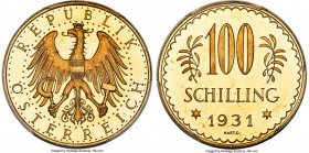 Republic gold Prooflike 100 Schilling 1931 PL65+ PCGS, Vienna mint, KM2842, Fr-520. A peach of an offering, the exactly struck spread-winged eagle dec...