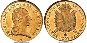 Franz I gold Souverain d'Or 1793-V AU58 NGC, Venice mint, KM64, Fr-472 (under Austria), Herinek-224. A coin which retains a great deal of surface lust...