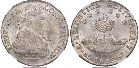 Republic 8 Soles 1832 PTS-JL MS63 NGC, Potosi mint, KM97. An absolute choice offering and fully deserving of its designation. Radiant cartwheel luster...