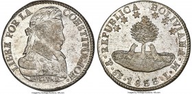Republic 8 Soles 1833 PTS-LM MS63 NGC, Potosi mint, KM97. In the upper bracket of known representatives for this classic Bolivian type, with a distinc...