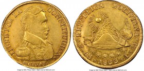 Republic gold 8 Scudos 1833 PTS-LM AU58 NGC, Potosi mint, KM99. Many examples of this sought-after type exhibit significant planchet and surface imper...