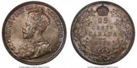 George V 25 Cents 1934 MS66 PCGS, Royal Canadian mint, KM24a. A most alluring and eye-catching specimen, rinsed in notable hues of peach, lilac, and c...