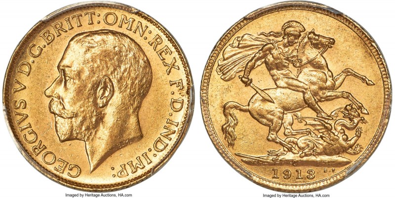 George V gold Sovereign 1913-C MS62 PCGS, Ottawa mint, KM20, S-3997. A highly co...