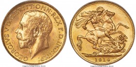 George V gold Sovereign 1914-C MS64 PCGS, Ottawa mint, KM20, S-3997. Bordering on Gem Mint State featuring notably sharp golden surfaces warmed by imp...