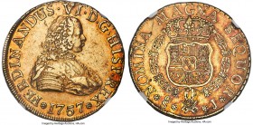 Ferdinand VI gold 8 Escudos 1757 So-J AU53 NGC, Santiago mint, KM3, Fr-5, Cal-833 (prev. Cal-80). Deep honeyed surfaces veiled in amber and mulberry t...