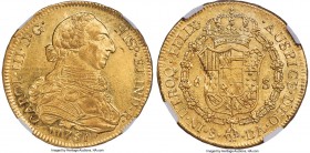 Charles III gold 8 Escudos 1781/79 So-DA UNC Details (Reverse Damage) NGC, Santiago mint, KM27, Cal-2162 (prev. Cal-235). A collectible issue demonstr...