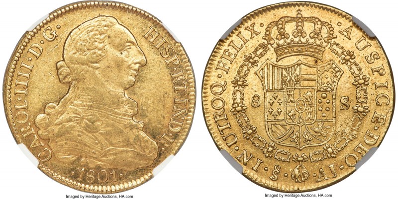 Charles IV gold 8 Escudos 1801 So-AJ AU58 NGC, Santiago mint, KM54, Cal-1769 (pr...