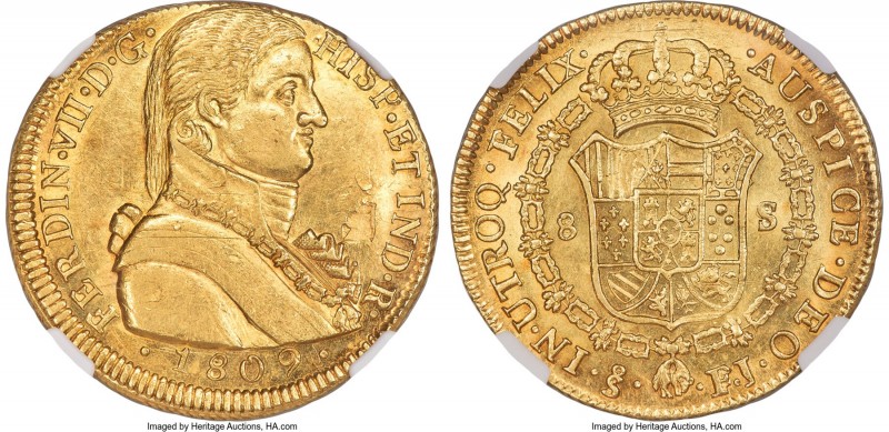 Ferdinand VII gold Mint Error - Obverse Lamination 8 Escudos 1809 So-FJ MS61 NGC...