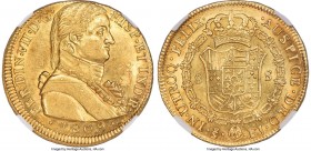 Ferdinand VII gold Mint Error - Obverse Lamination 8 Escudos 1809 So-FJ MS61 NGC, Santiago mint, KM72, Cal-1862 (prev. Cal-113). A dramatic mint error...