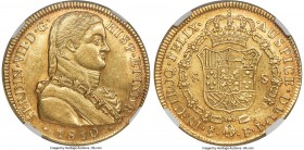 Ferdinand VII gold 8 Escudos 1810 So-FJ AU58 NGC, Santiago mint, KM72, Cal-1863 (prev. Cal-114). Splendid and nearly uncirculated as only a trivial am...
