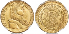 Ferdinand VII gold 8 Escudos 1811 So-FJ AU58 NGC, Santiago mint, KM72, Fr-28, Cal-1865 (prev. Cal-116). Imagined bust type. Surprisingly lustrous with...