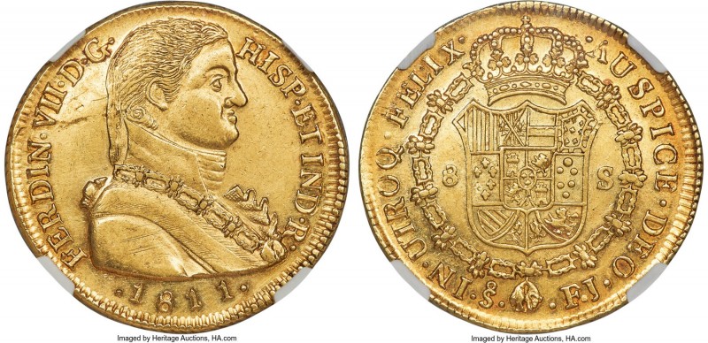 Ferdinand VII gold 8 Escudos 1811 So-FJ AU58 NGC, Santiago mint, KM72, Fr-28, Ca...