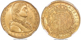 Ferdinand VII gold 8 Escudos 1811 So-FJ AU58 NGC, Santiago mint, KM72, Fr-28, Cal-1865 (prev. Cal-116). Imagined bust type. Only trivial wisps of hand...