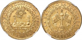 Republic gold 8 Escudos 1819 So-FD AU55 NGC, Santiago mint, KM84, Fr-33, Onza-1609. A charming, softly struck type coin that faces up much nicer than ...