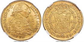 Charles III gold 8 Escudos 1776 P-JS AU58 NGC, Popayan mint, KM50.2, Fr-36, Cal-2043 (prev. Cal-128). A bold, pale-gold representative of the 8 Escudo...