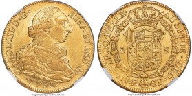 Charles III gold 8 Escudos 1783 P-SF AU58 NGC, Popayan mint, KM50.2, Cal-2051 (prev. Cal-136). A canary-gold specimen demonstrating brilliant and unto...