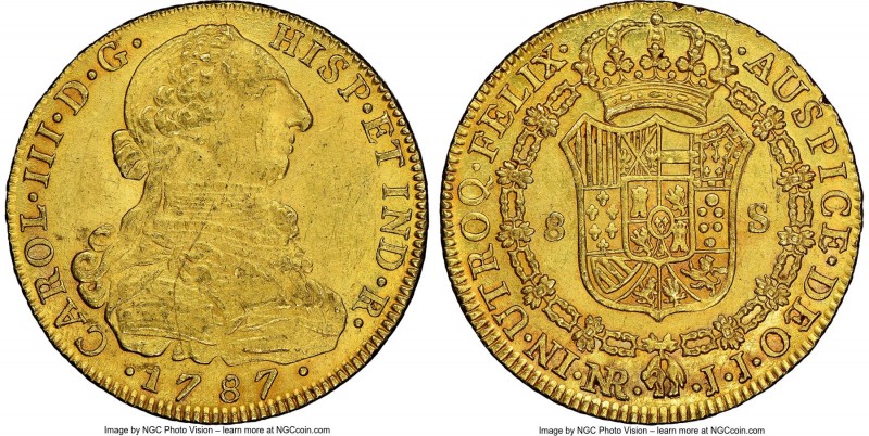 Charles III gold 8 Escudos 1787 NR-JJ UNC Details (Obverse Scratched) NGC, Nuevo...