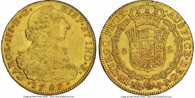 Charles III gold 8 Escudos 1787 NR-JJ UNC Details (Obverse Scratched) NGC, Nuevo Reino mint, KM50.1a, Cal-2122 (prev. Cal-198). A shimmering specimen ...
