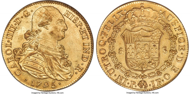 Charles IV gold 8 Escudos 1795 P-JF MS61 PCGS, Popayan mint, KM62.2, Cal-1667 (p...