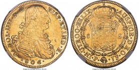 Charles IV gold 8 Escudos 1806 P-JF AU53 NGC, Popayan mint, KM62.2, Cal-1686 (prev. Cal-89). Uniform yellow-gold appearances permeate this near-Mint S...