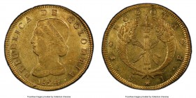 Republic gold 8 Escudos 1824/3 BOGOTA-JF AU55 PCGS, Bogota mint, KM82.1. Compelling for its type, this canary-gold offering, with only gentle wisps of...