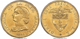 Nueva Granada gold 16 Pesos 1838 BOGOTA-RS AU58 PCGS, Bogota mint, KM94.1. Pale-gold and bordering on Mint State preservation, this offering, laden wi...