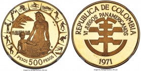 Republic gold Proof "Pan-American Games" 500 Pesos 1971-B PR67 Ultra Cameo NGC, Bogota mint, KM251, Fr-128. Mintage: 6,000. Struck in celebration of t...