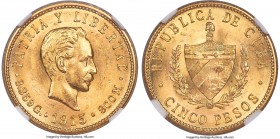 Republic gold 5 Pesos 1915 MS64 NGC, Philadelphia mint, KM19. Illumination reveals scintillating luster that carries admirably across the surfaces of ...