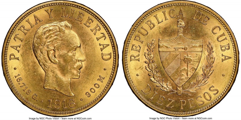 Republic gold 10 Pesos 1916 MS62 NGC, Philadelphia mint, KM20. A near-choice exa...