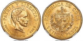 Republic gold 20 Pesos 1915 MS63 NGC, Philadelphia mint, KM21. A popular single-year type that becomes increasingly elusive at and above Choice Mint S...