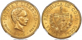 Republic gold 20 Pesos 1915 MS62 NGC, Philadelphia mint, KM21. A pleasing near-choice representative with flashy yet lightly marked obverse fields lad...