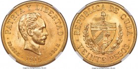Republic gold 20 Pesos 1915 MS61+ NGC, Philadelphia mint, KM21. A scintillating one-year type produced upon a bright and lustrous harvest-gold planche...