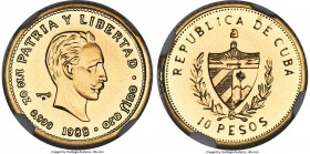 Republic gold "Jose Marti" 10 Pesos 1988 MS70 NGC, KM211. With a miniscule mintage of just 50 pieces, this modern commemorative has reached the peak o...