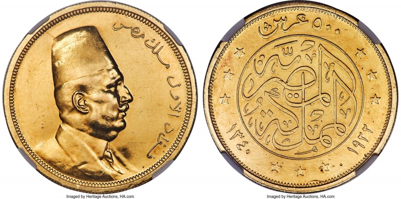 Fuad I gold Proof 500 Piastres AH 1340 (1922) PR60 NGC, London mint, KM342. Of a...