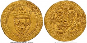 Charles VI gold Ecu d'Or a la couronne ND (1380-1422) MS63 NGC, Paris mint, 3.98gm, Fr-291, Dup-369. + KAROLVS: DЄI: GRACIA: FRAnCORVM: RЄX, crowned a...