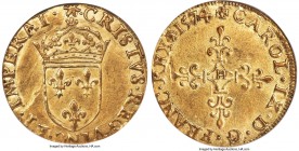 Charles IX gold Écu d'or au soleil 1574-H AU58 ANACS, La Rochelle mint, Dup-1057c. CRISTVS • REG • VINC • ET • IMPERAT, sunburst above crowned royal s...