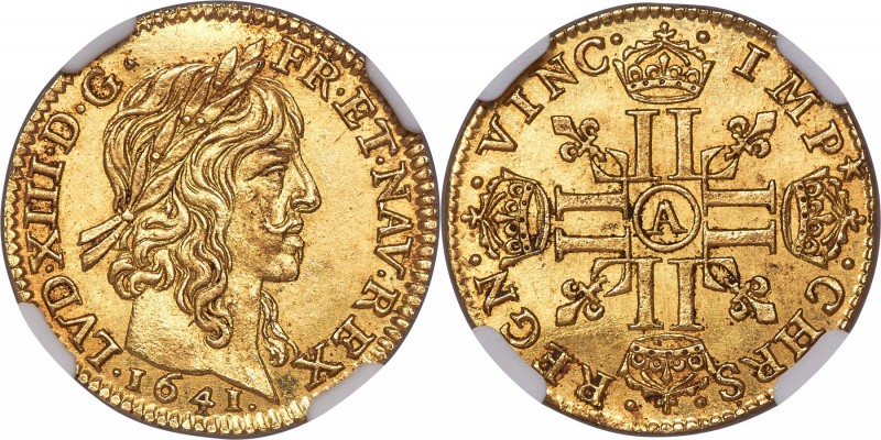 Louis XIII gold 1/2 Louis d'Or 1641-A UNC Details (Bent) NGC, Paris mint, KM125,...